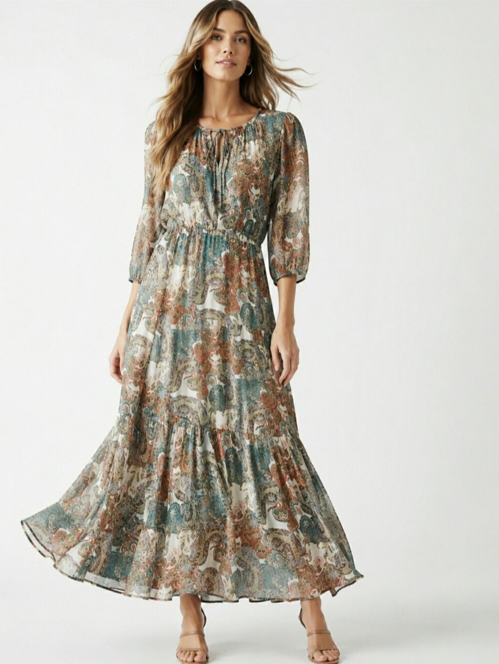 Kut from the Kloth Paisley Chiffon Sheer Tiered Maxi Dress,polyester,size 4